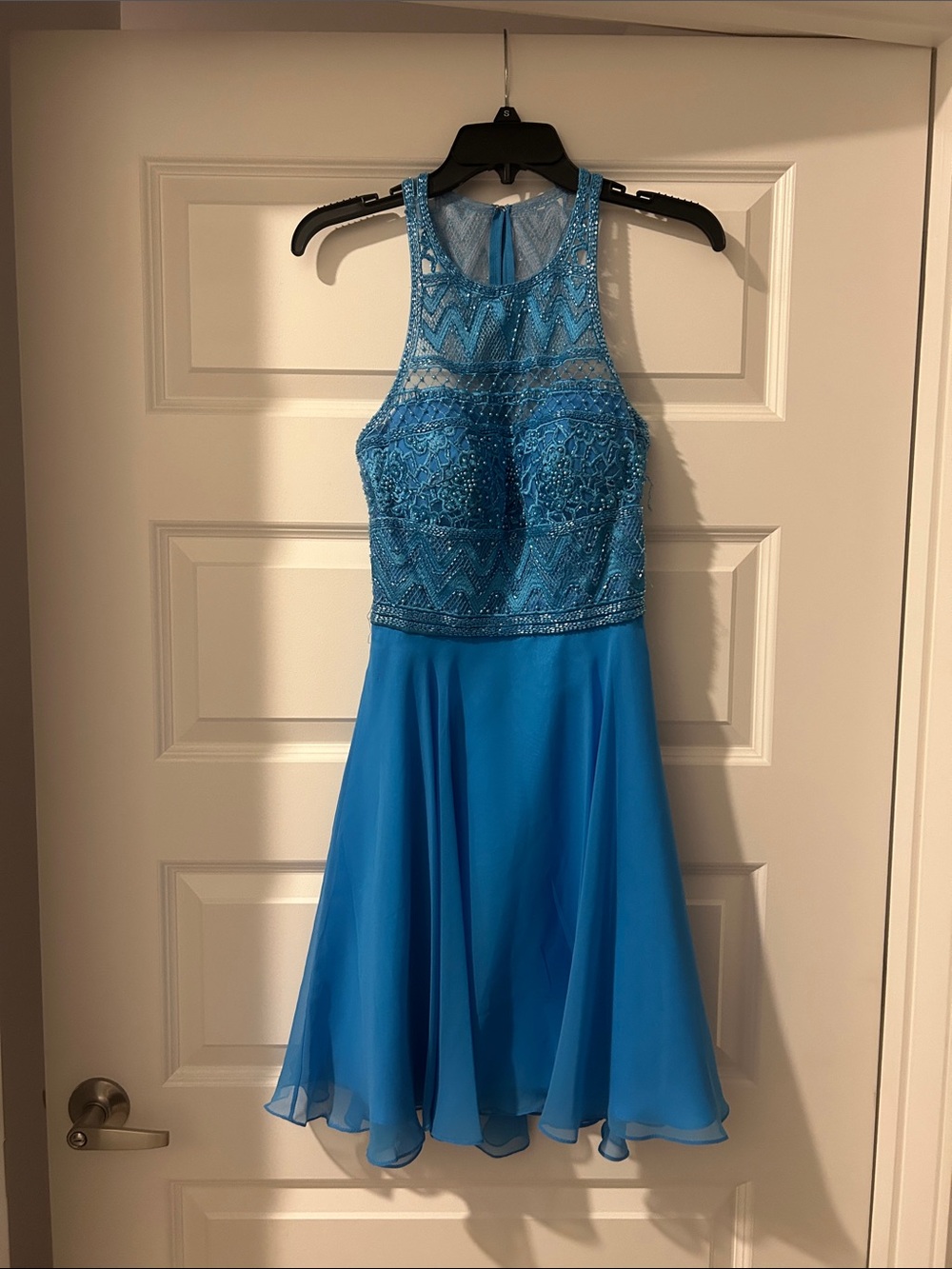 Source Unknown Turquoise Blue Beaded Halter Prom Dress